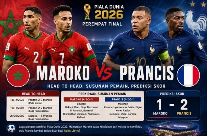 
					Prediksi Maroko vs Prancis di Piala Dunia 2026: Head to Head, Susunan Pemain, Prediksi Skor